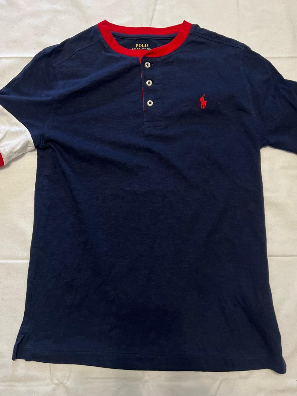 Polo Ralph Lauren Boys Henley Shirt Sz L 14-16 Navy Red Colorblock Spellout Polo